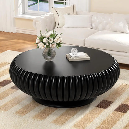 Walnut Round Fluted Drum Coffee Table 35.4-Inch