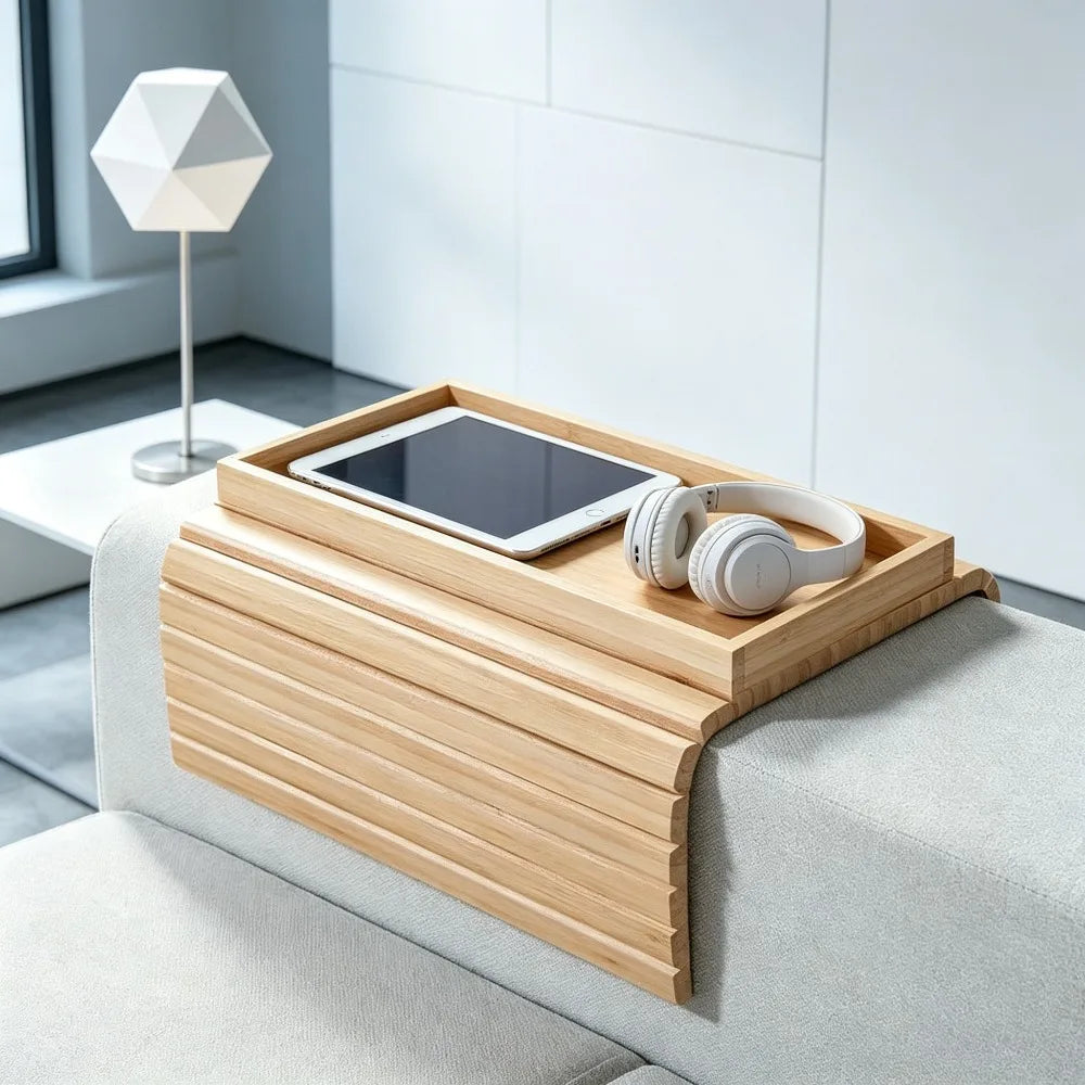 Foldable Bamboo Sofa Armrest Organizer Tray with Cup Holder Remote & Snack Storage