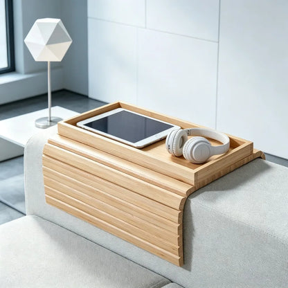 Foldable Bamboo Sofa Armrest Organizer Tray with Cup Holder Remote & Snack Storage