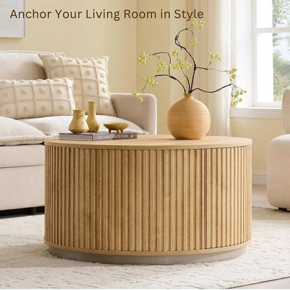 Round Fluted Coffee Table with Hidden Storage Drawer Natural Oak 33-Inch