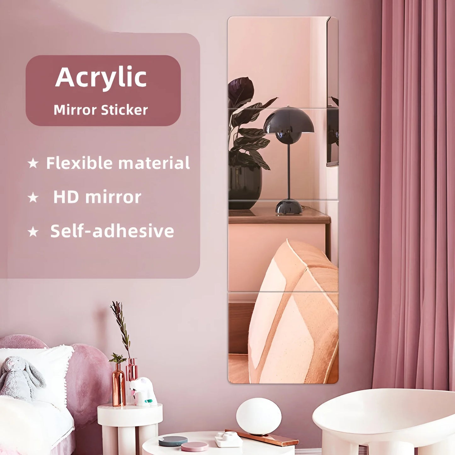 4pcs Self-adhesive 3D Mirror Stickers, 2mm Thickened Flexible DIY Wall Stickers, 20/30cm Mirror Wall Art, Living Room Decoration