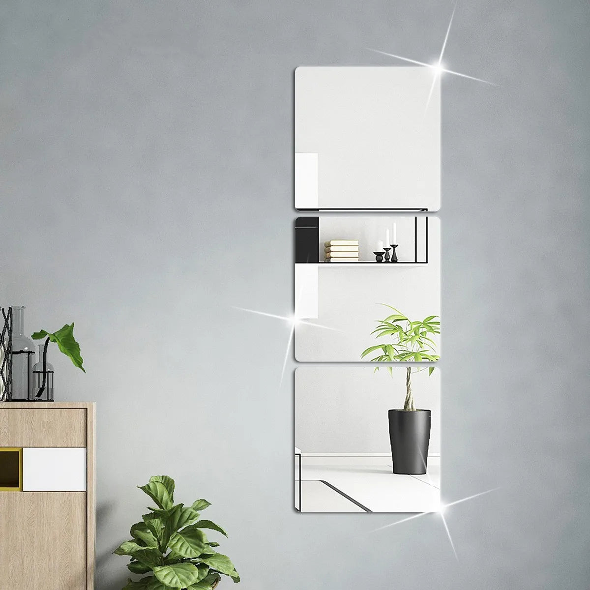4pcs Self-adhesive 3D Mirror Stickers, 2mm Thickened Flexible DIY Wall Stickers, 20/30cm Mirror Wall Art, Living Room Decoration
