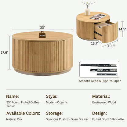 Round Fluted Coffee Table with Hidden Storage Drawer Natural Oak 33-Inch